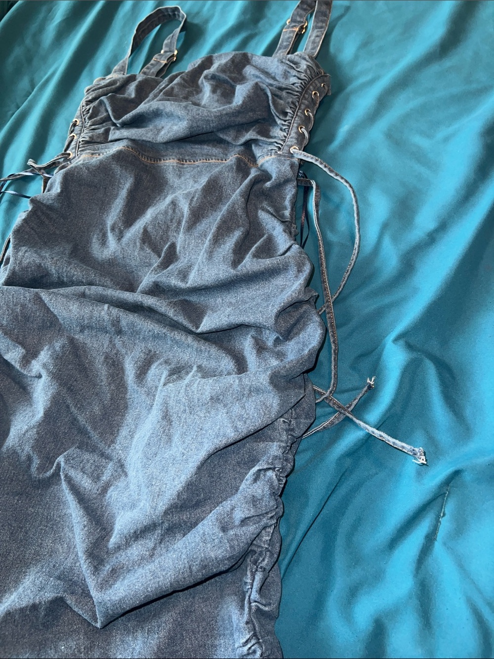 Women’s Large Dark Blue Denim Ruched Dress with Adjustable Straps - Picture 10 of 12